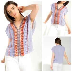 Letarte Hand Made Top, Blue Stripe, Fringe, V Neck, Spring Boho Top Womens Sz XS